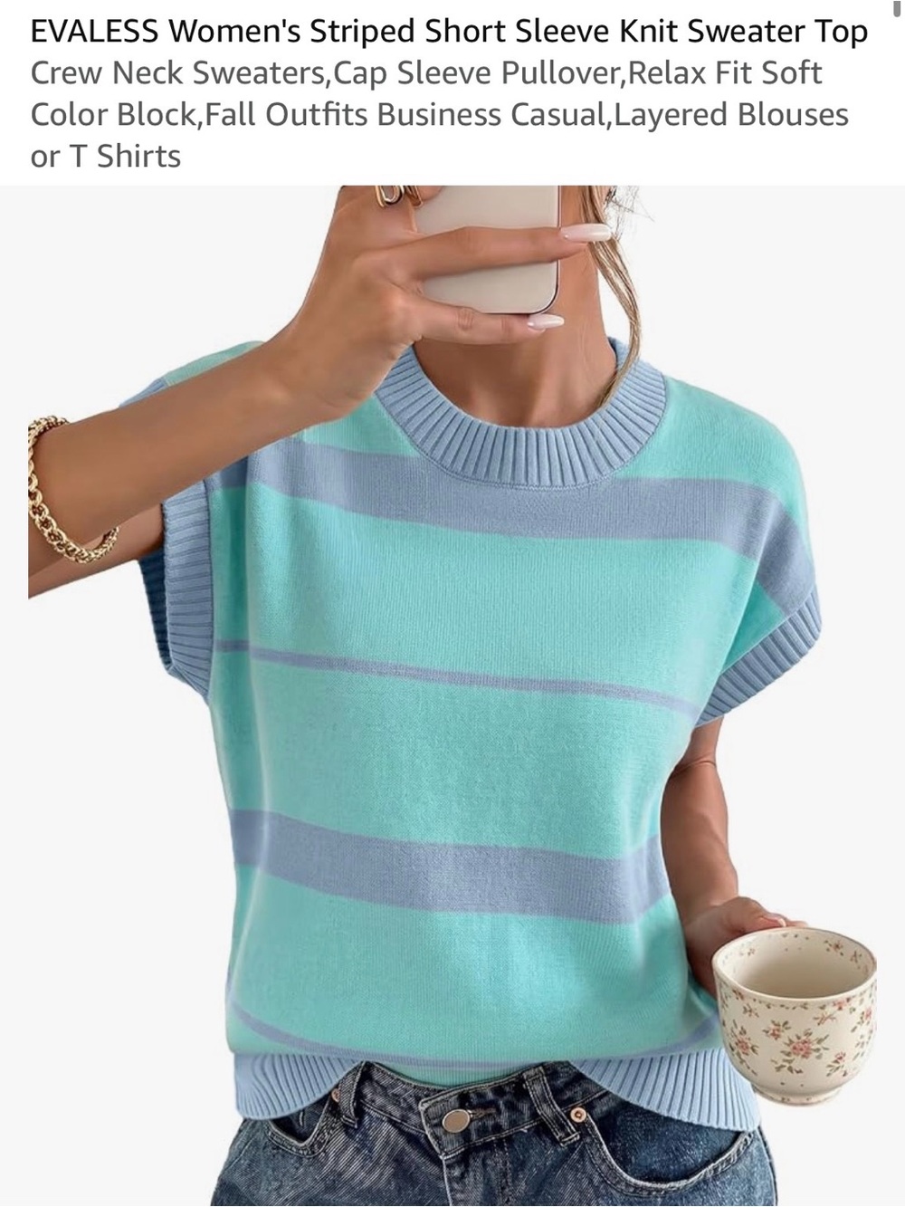 EVALESS Mint & Light Blue Striped Short-Sleeve Crew Sweater